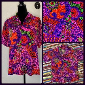 Vintage Psychedelic Tshirt 1960s 1970s Handmade Bright Neon Black Light Hippie.